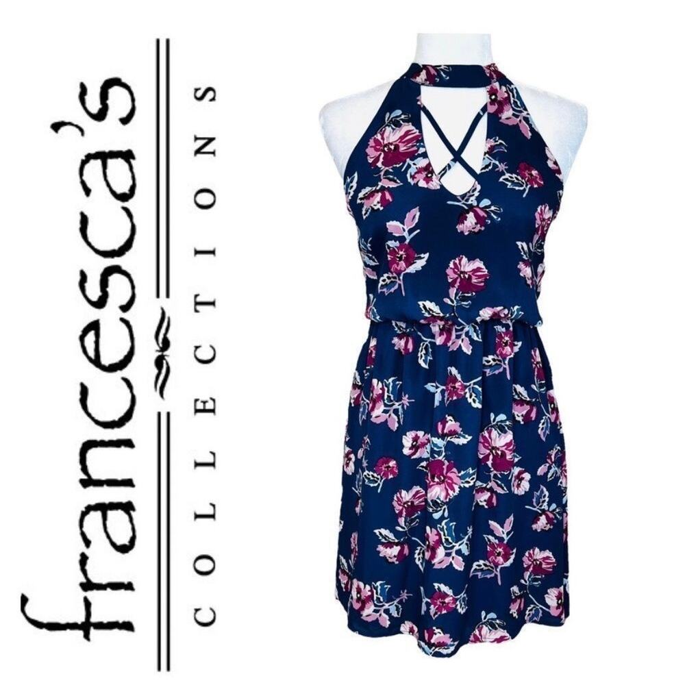 NWT Francesca's Collections Blue Rain Halter Mini Dress Size M Navy Blue Floral